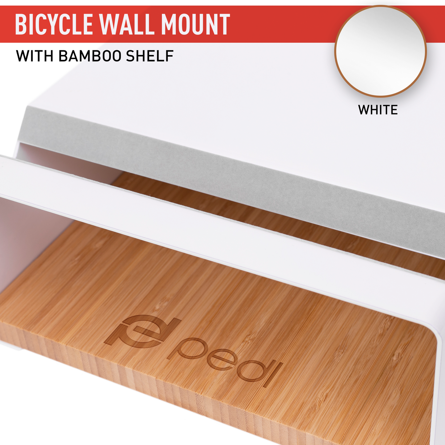 pedl 01 - bicycle wall mount with bamboo shelf - white