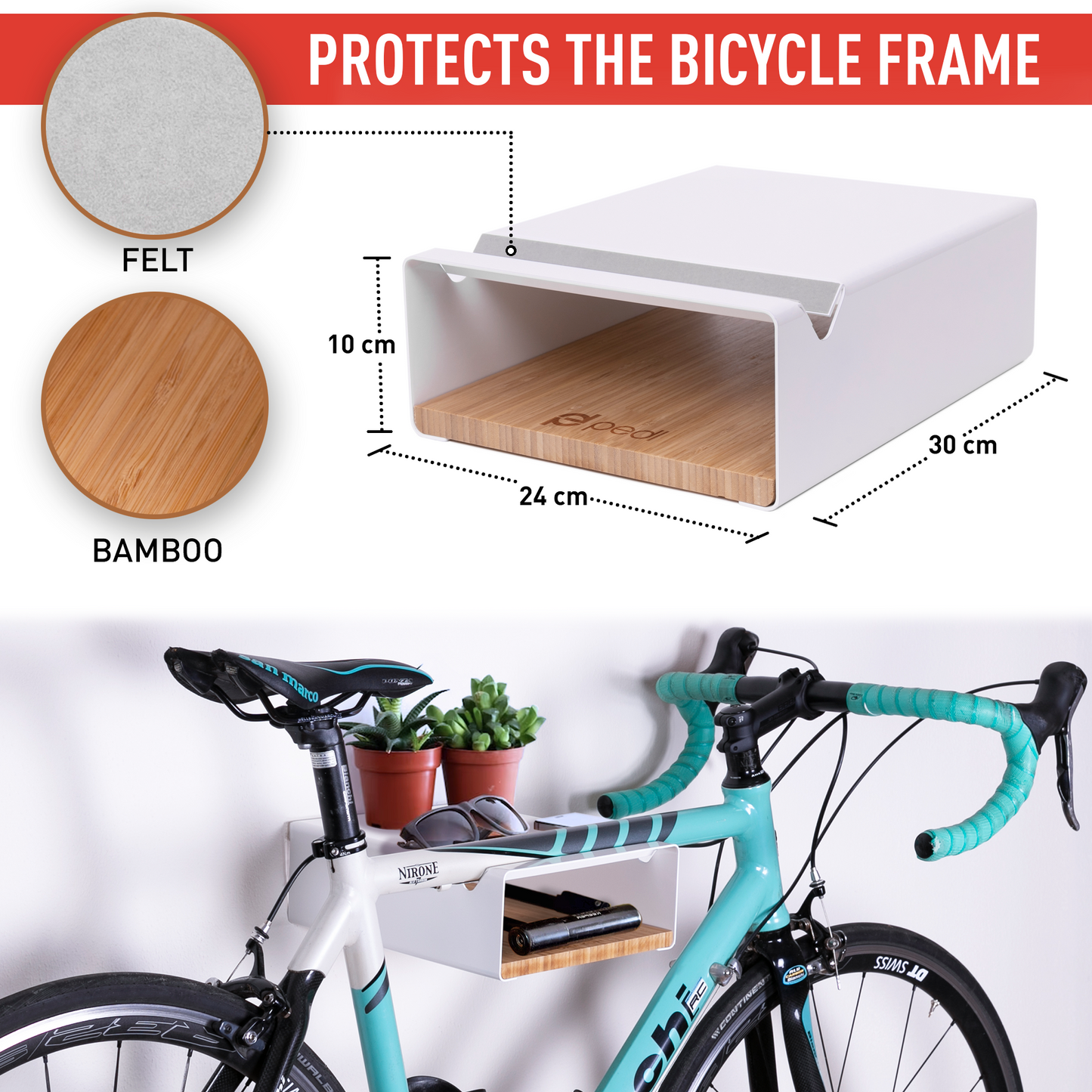 pedl 01 - bicycle wall mount with bamboo shelf - white