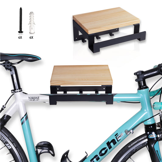 pedl 02 - bicycle wall mount with wooden shelf - black